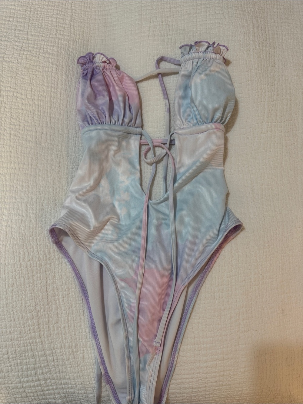 SHEIN Pastel Tie-Dye Ruched One-Piece Swimsuit - Lavender & Light Blue